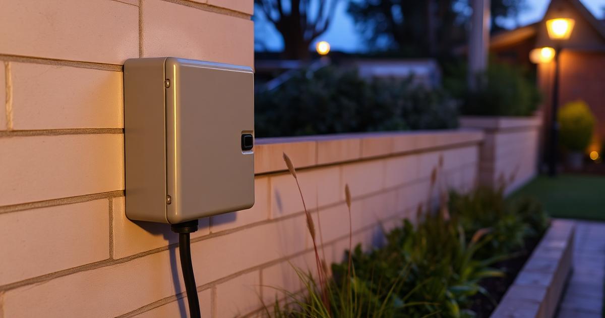 Low-voltage garden lighting transformer mounted in a weatherproof enclosure beside neatly clipped garden cable