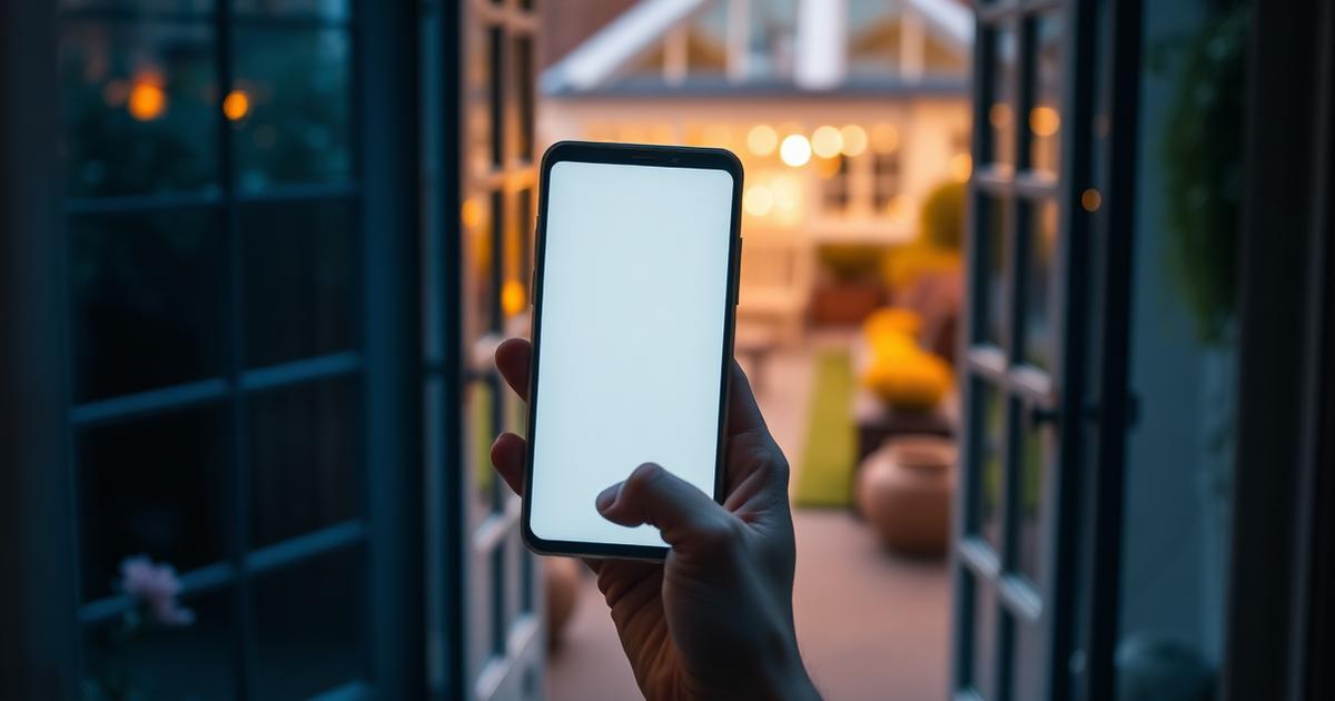Hand holding a phone showing lighting scene controls, with a warmly lit Hastings garden beyond the glass doors