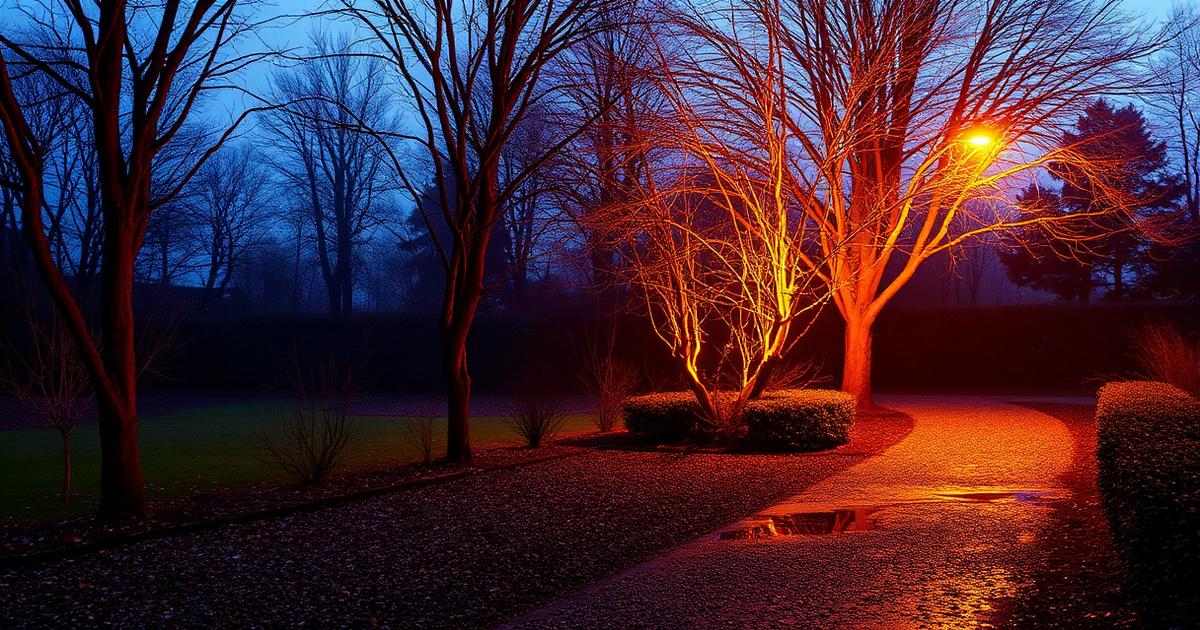 Autumn evening in a Hastings garden with bare trees uplit in warm amber and a lit gravel path after rain