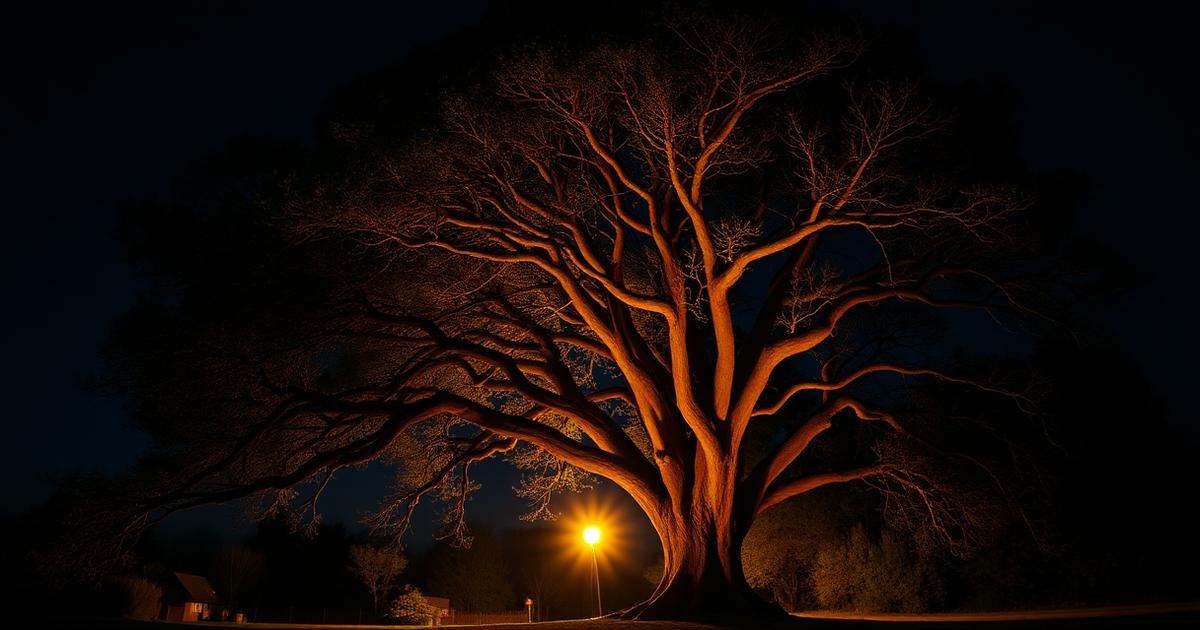 Mature oak tree in a Hastings garden lit from below by two warm amber uplights, branches glowing against a night sky