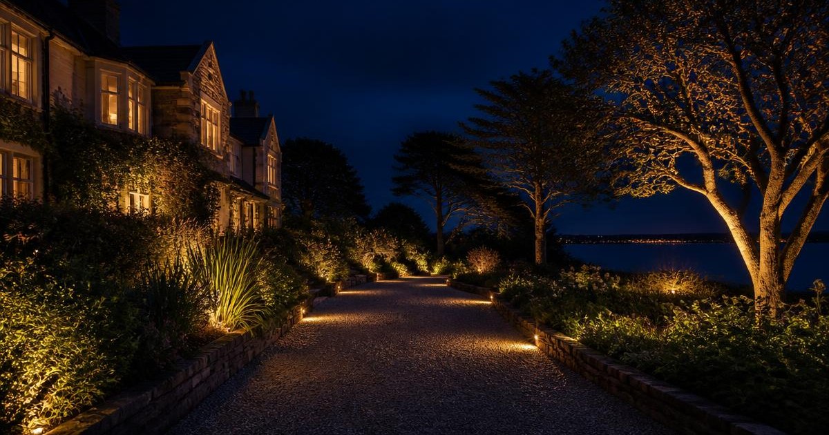 Gravel driveway of a Hastings coastal home at night, edged with warm amber recessed ground lights and uplit trees