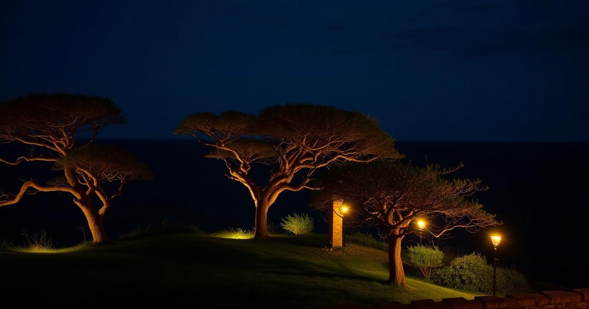 Exposed clifftop garden above Hastings at night, salt-resistant brass uplights on wind-shaped trees with the sea beyond