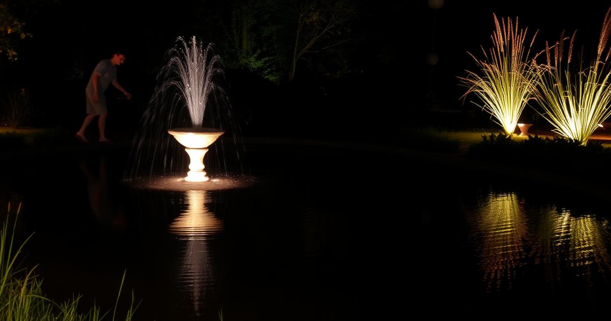 Garden pond at night with a lit water feature, reflections of warm light and uplit planting on the far bank