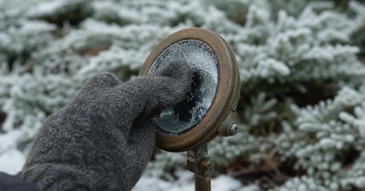 Gloved hand wiping frost from the glass lens of a weathered brass garden spike light beside snow-dusted conifers in winter