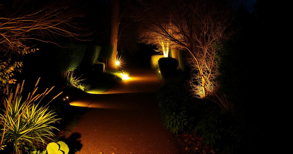 Softly lit garden path and low border lighting at night showing restrained, low-lumen garden lighting