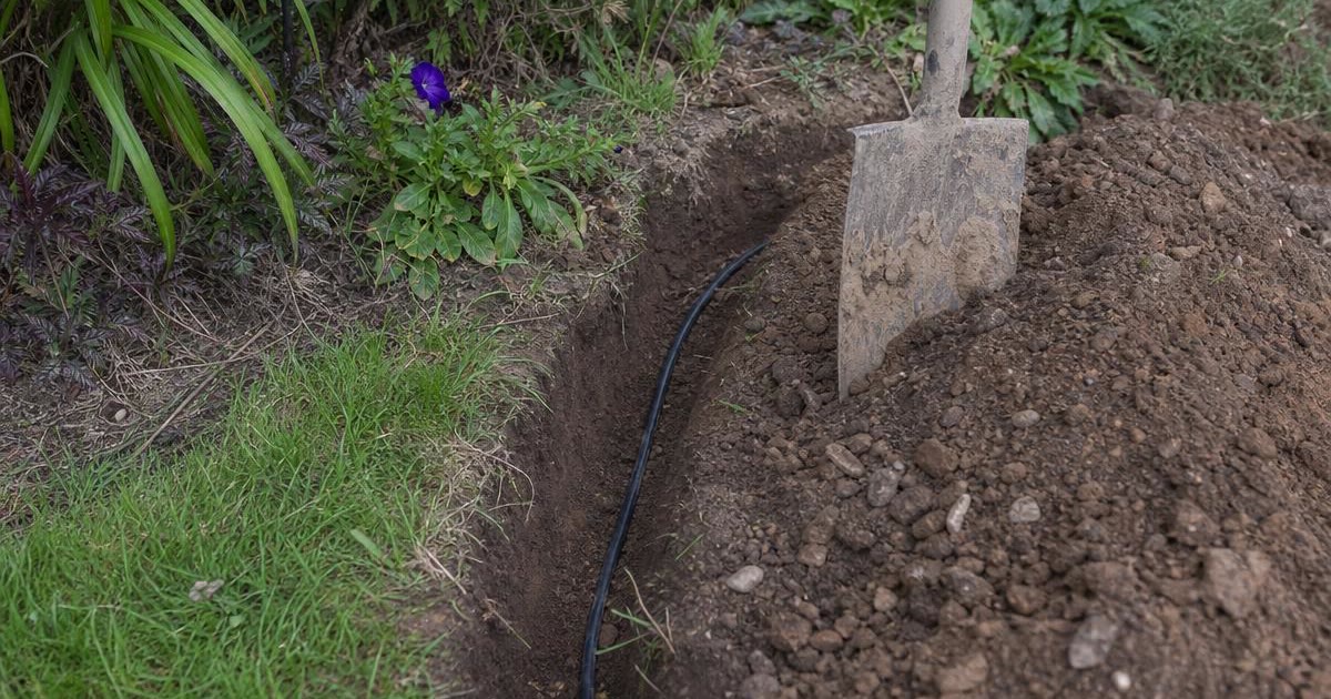 Black low-voltage garden lighting cable laid in a narrow spade-cut trench along a garden border, with a muddy spade in the soil