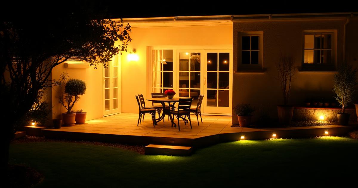 Warmly lit patio in a Hastings garden at night with a dining table, low wall washing and softly uplit planting