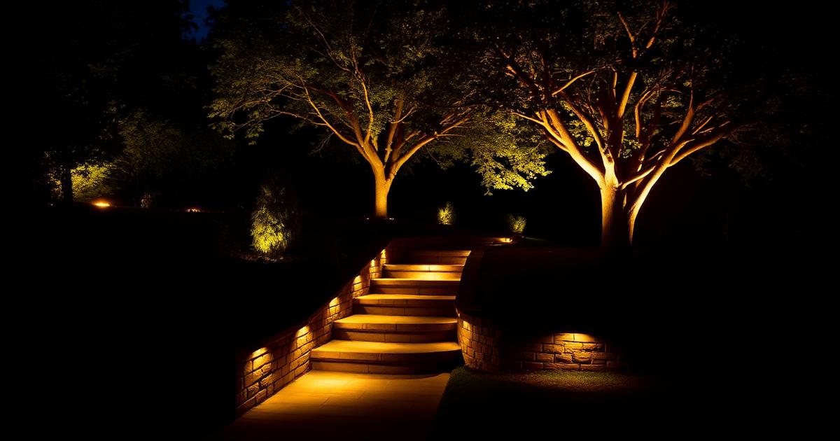 Layered garden lighting scheme in a Hastings garden at night with lit steps, borders and a specimen tree seen from the house