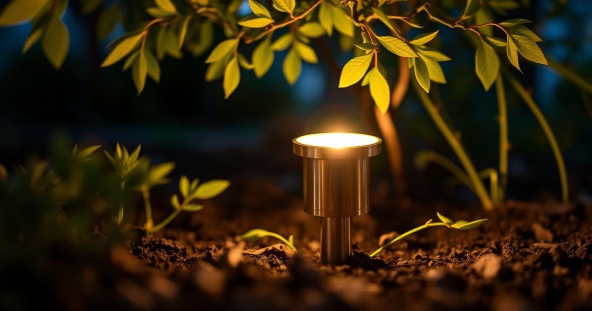 Close-up of a solid brass LED garden uplight in a planted border, warm light catching foliage above it