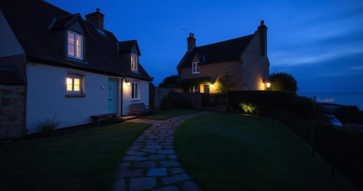 Historic listed cottage in Hastings Old Town at dusk with discreet warm garden lighting along a stone path