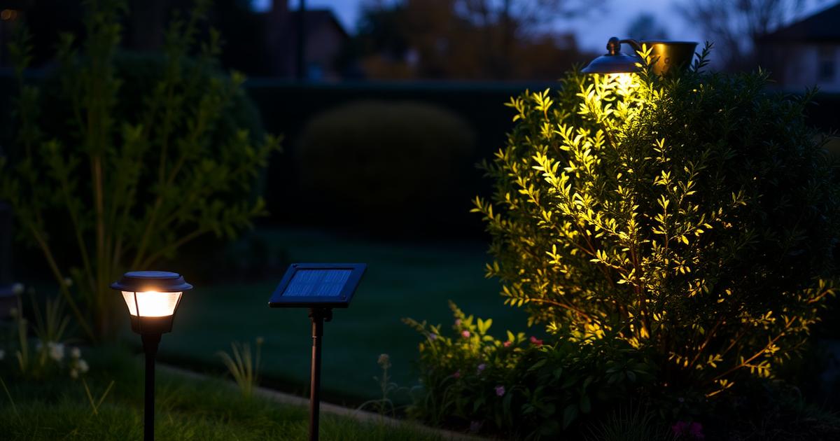 Comparison scene in a Hastings garden at dusk, a dim solar stake light beside a brighter warm wired uplight