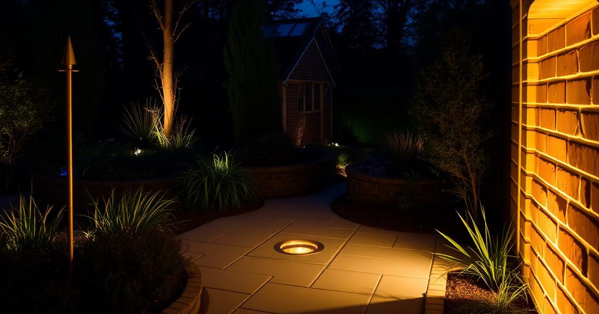 Three garden lighting fitting types side by side at night: a spike uplight in a border, a recessed ground light in paving and a brick light in a wall