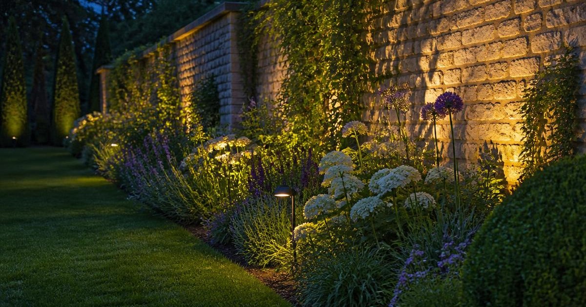 English garden border and stone wall lit with warm 2700K light at dusk, planting and flowers rendered in natural colour